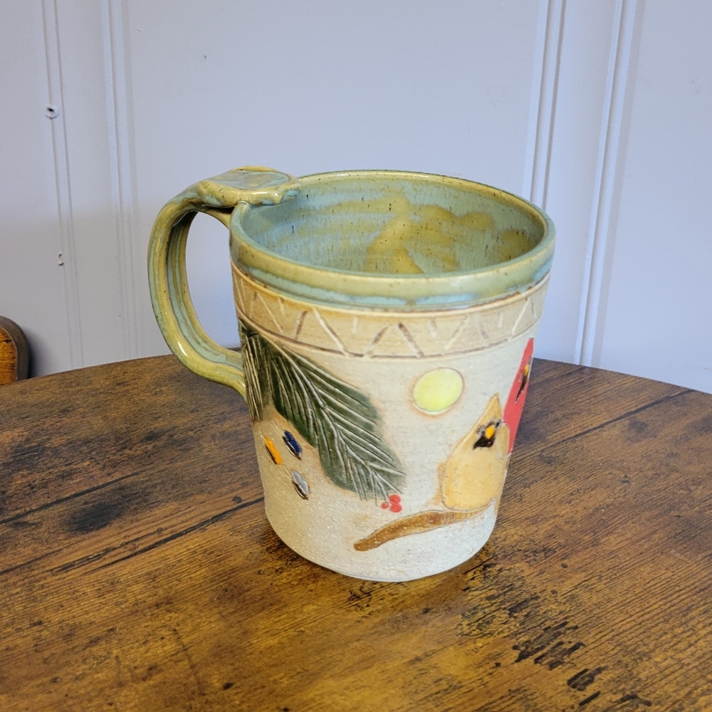 Handcrafted stoneware Mug cardinals, pine needles Holiday Design
